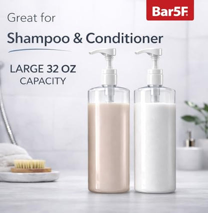 Bar5F Pump Bottle (2-Pack 32-Ounce 1-Liter) Empty for Shampoo Conditioner Body Wash Lotion BPA-Free Crystal-Clear