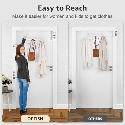 Optish Door Hooks for Hanging, Over The Door Towel Racks for Bathroom, Coat Rack Door Towel Hanger Towel Hooks (2Pack, White, Fit 1-3/4" Doors)