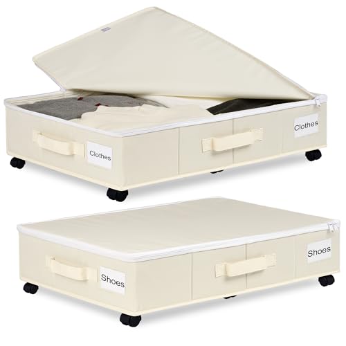 Under Bed Storage with Wheels, 2 Pack Under Bed St... (2 Count | Beige | Oxford)
