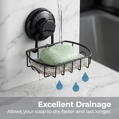 HASKO 2 Pack Suction Cup Soap Dish for Shower Wall, Rustproof Stainless Steel, Shower Soap Holder with Hooks, Includes Optional No Drill Adhesive Mount for Bathroom, 2 Soap Savers, Black
