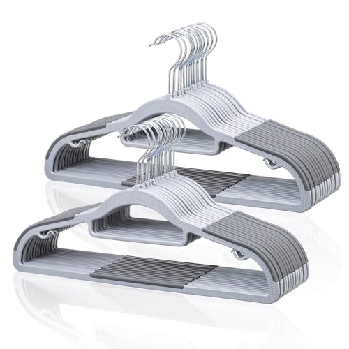 Pack of 30 Coat Hangers, Space-Saving Plastic Clothes Hangers, Non-Slip, 0.2 Inches Slim, 360° Swivel Silver Hook for Shirts, Pants, Suit & Wet/Dry Garments, Light and Dark Gray