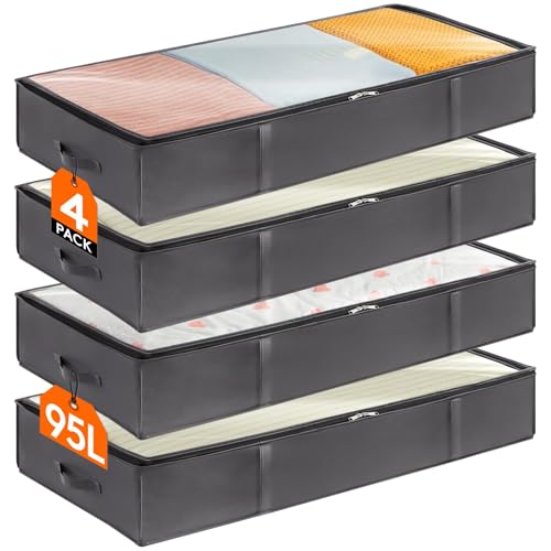 95L 4 Pack Under Bed Storage Containers, Large Cap... (4 Count | Gray | Fabric)