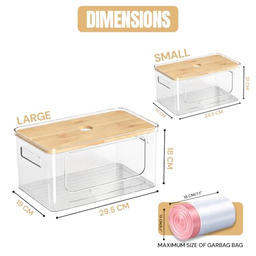 2 Pack Trash Bag Dispenser with Anti-Slip Pads (XL+S) - Stackable Garbage Bag Dispenser with Bamboo Lid and Anti-Slip Bottom, Laundry Room, Pantry, Under Sink Organizer and Storage