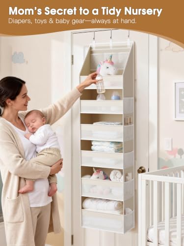 Over the Door Organizer, 6-Shelf Closet Hanging Storage with 13 Mesh Pockets, 55lbs Capacity Behind the Door Storage for Baby Nursery, Bathroom, Bedroom, and Dorm, Beige