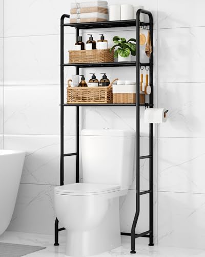 Kitsure Over Toilet Storage Rack, 63.2" H Space-Saving, Holder & Hooks | Bathroom, Laundry Room, Small Spaces, Families, Durable Metal, Black, 3 Tier