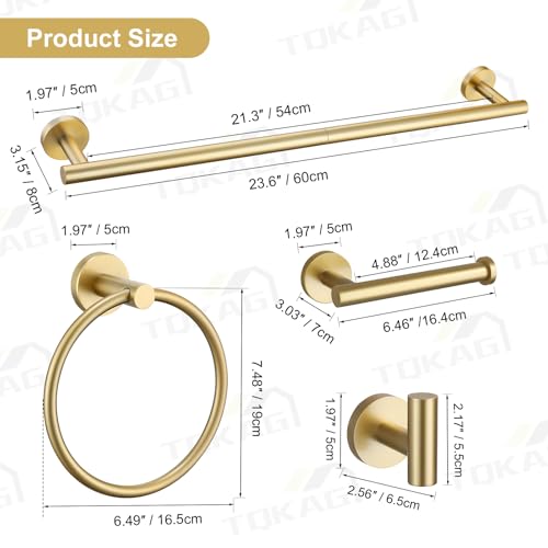 5 Piece Bathroom Accessories Set Brushed Gold Bathroom Hardware Set 23.6 Inch Bath Towel Bar Set SUS304 Stainless Steel Towel Rack Set