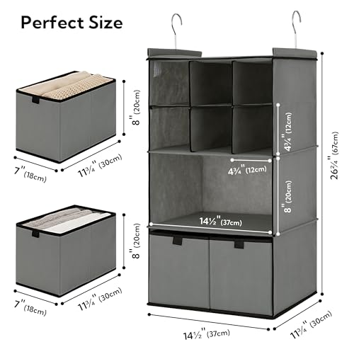 GRANNY SAYS Hanging Closet Organizer with Drawers, 4 Shelf Dividers Closet Hanging Organizer, Foldable Hanging Shelves for Wardrobe Closet, Small Closet Organizers for Clothes Shoes, Grey
