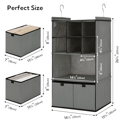 GRANNY SAYS Hanging Closet Organizer with Drawers, 4 Shelf Dividers Closet Hanging Organizer, Foldable Hanging Shelves for Wardrobe Closet, Small Closet Organizers for Clothes Shoes, Grey