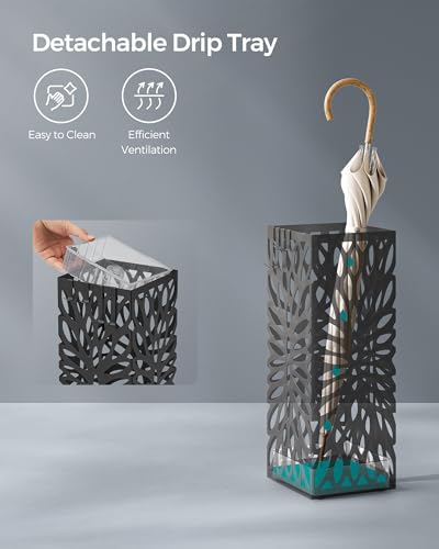 SONGMICS Umbrella Stand, Umbrella Holder for Entryway, Steel Square Umbrella Rack Organizer Freestanding, for Canes Walking Sticks, with a Detachable Drip Tray, 4 Hooks, Black ULUC026B33