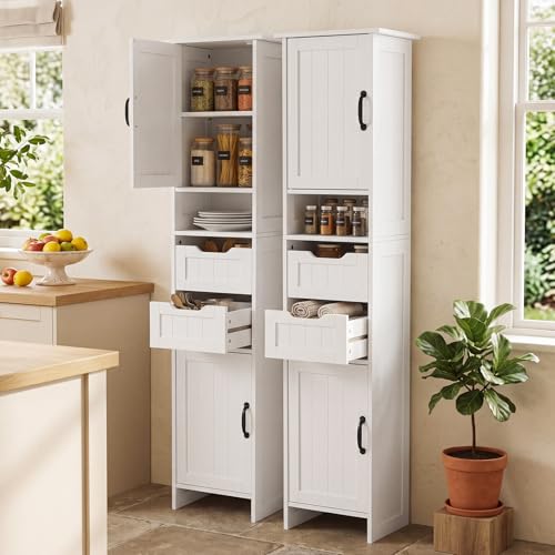 67" Tall Bathroom Storage Cabinet, Narrow Bathroom Cabinet with 2 Doors, 2 Drawers and 2 Adjustable Shelves, Slim Storage Cabinets for Kitchen, Living Room, Entryway, White