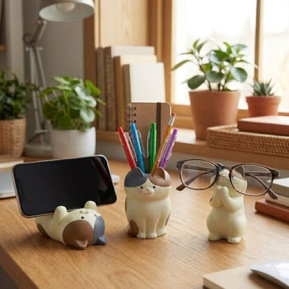 3 PS Cat Shaped Phone Holder and Eyeglass Frame with Pen Holder, Animal Resin Gift for cat Enthusiasts, Home and Office Fashion Accessories-White