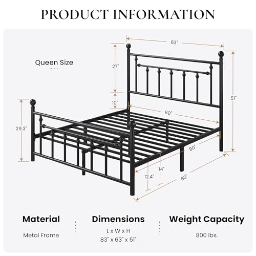 SHA CERLIN 14" Queen Size Metal Platform Bed Frame/Victorian Headboard and Footboard/Steel Slats Mattress Foundation for Storage/No Box Spring Needed/Noise Free/Black