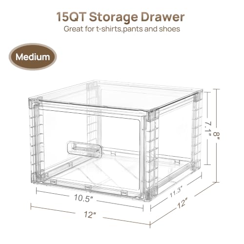 Vtopmart 2 Pack Clear Stackable Storage Drawers 15QT | Easily Assemble Closet Organizers,Plastic Storage Bins for Bathroom,Cabinet,Kitchen Pantry,Under Sink Organization(Medium)