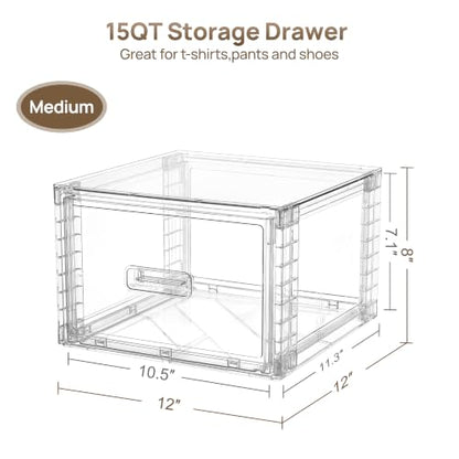 Vtopmart 2 Pack Clear Stackable Storage Drawers 15QT | Easily Assemble Closet Organizers,Plastic Storage Bins for Bathroom,Cabinet,Kitchen Pantry,Under Sink Organization(Medium)