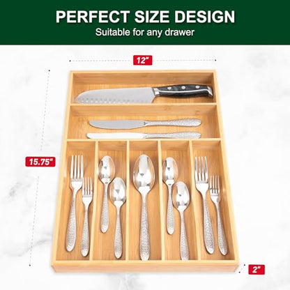 Utensil Organizer 13'' Silverware Drawer Organizer Cutlery Kitchen Bamboo | Natural Bamboo, 7 Compartment, Durable, Small Narrow Organizer, Silverware Tray, Utensil Holder, Silverware Drawer Organizer