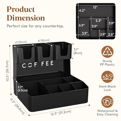 Lifewit 2-tier Coffee Station Organizer Caddy for Countertop, 10 Compartments Coffee Bar Organizers for Cups, Pods, Sugar, Compact Condiment Holders Storage for Office Breakroom Kitchen Home Black