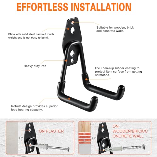 HUPBIPY Heavy Duty Garage Hooks 6 Pack, 2.8 inch Small U Shaped Hanger, Wall Mounted Storage System, Power and Garden Tool Organizer, for Hanging Ladders, Hose, Bulk Items and More