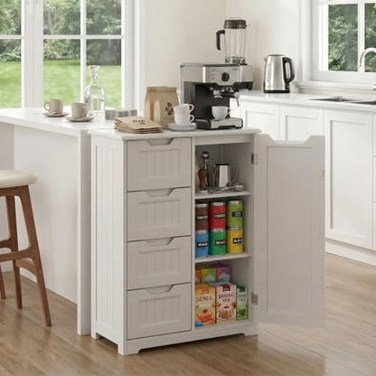 Gizoon Small Coffee Bar Cabinet with 4 Drawers and Door, White | Small Kitchen Sideboard Buffet Cabinet with Adjustable Shelf, Small Kitchen Coffee Bar Cabinet with Drawers for Living Room