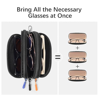 Eyeglasses Case for 3 Pairs, Multi Sunglasses Travel Organizer Pouch with Keychain Clip Zipper Closure for Men Women