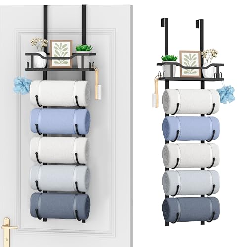 Over the Door Towel Rack - 6 Tier Towel Racks for Bathroom Wall Mounted, Towel Holder with Shelf, Hanging Rolled Towel Storage Organizer for Small Bathroom, Camper, RV, Black
