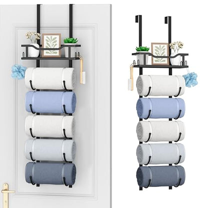 Over the Door Towel Rack - 6 Tier Towel Racks for Bathroom Wall Mounted, Towel Holder with Shelf, Hanging Rolled Towel Storage Organizer for Small Bathroom, Camper, RV, Black
