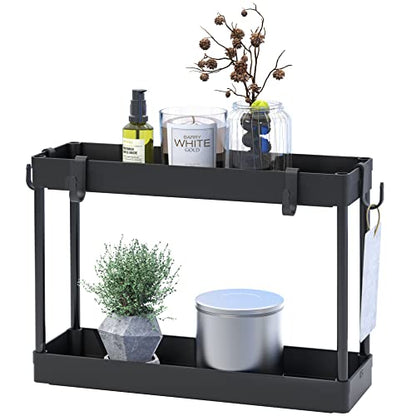 Simple Houseware 2-Tier Under Sink Organizer Storage Tray with Hooks, Black