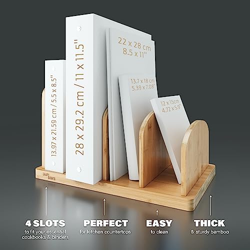 Cook Book Organizer, 4 Sections, Recipe Book Holder Rack, Tabletop Stand for Convenient Cookbook Storage, Vertical Cook Book Stand Kitchen, Binder Holder for Desk & Countertop (Bamboo)