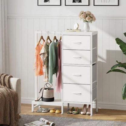Tall Dresser 44''H with Hanging Rack, 4 Drawers Small Closet Dresser for Bedroom, Reversible Fabric Chest of Drawers with Clothes Rack, Tall Storage Tower, Sturdy Frame, White