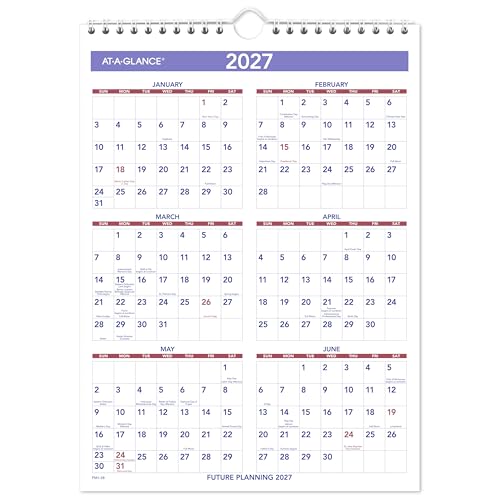 AT-A-GLANCE 2026 Wall Calendar, 8" x 11", Small, Ruled Blocks (PM12826)