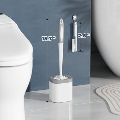 Toilet Brush and Holder Set, Space Saving, 4 Pack, White | Bathroom Accessories, Ergonomic Silicone Handle, Dense Bristles, Deep Cleaning, with 4 Crevice Brushes, Compact Design