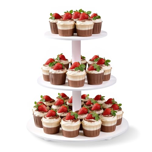 Weselljars 3-Tier Wooden Cupcake Stand:14in White Round Tiered Cake Stand,Dessert Display Stand for 33 Cupcakes,Easy to Assemble and with Instruction,Cupcake Tower for Wedding/Party/Birthday/Decor