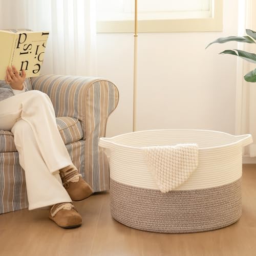 OIAHOMY 90L XXXLarge Blanket Basket for Living Room, 21.7" x 13.8" Woven Cotton Rope Laundry Basket for Organizing Pillows, Decorative Stuffed Animal Toy Storage for Nursery, White and Linen Brown