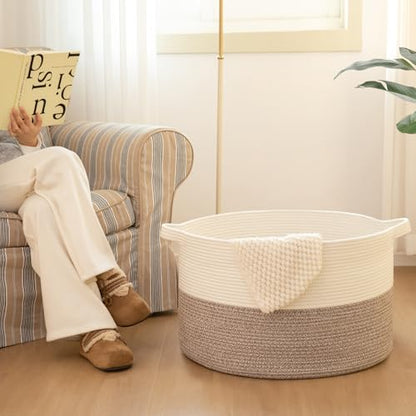 OIAHOMY 90L XXXLarge Blanket Basket for Living Room, 21.7" x 13.8" Woven Cotton Rope Laundry Basket for Organizing Pillows, Decorative Stuffed Animal Toy Storage for Nursery, White and Linen Brown
