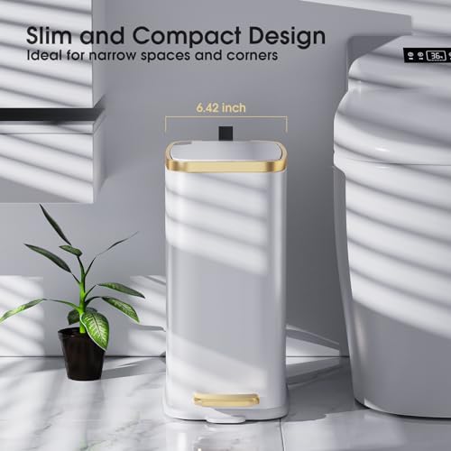 CEROELDA Small Bathroom Trash Can with Lid Soft Close-5L/1.3 Gal Stainless Steel Garbage Can-Step Pedal Wastebasket Slim Trash Bin for Office, Bedroom, Toilet, Live Room-White