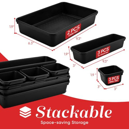 Masirs Interlocking Drawer Organizer Bins 8 Pcs, Desk Drawer Tray Set | Tool Box Organizer Tray, Kitchen Office Garage, Modular Plastic, 3 Sizes (2 Lg 3 Med 3 Sm), Black, Custom Layout