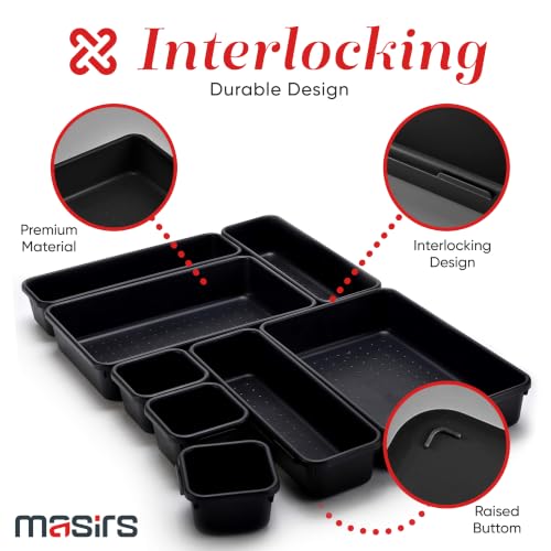 Masirs Interlocking Drawer Organizer Bins 8 Pcs, Desk Drawer Tray Set | Tool Box Organizer Tray, Kitchen Office Garage, Modular Plastic, 3 Sizes (2 Lg 3 Med 3 Sm), Black, Custom Layout