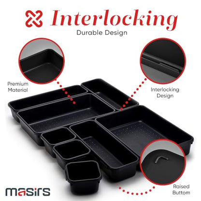 Masirs Interlocking Drawer Organizer Bins 8 Pcs, Desk Drawer Tray Set | Tool Box Organizer Tray, Kitchen Office Garage, Modular Plastic, 3 Sizes (2 Lg 3 Med 3 Sm), Black, Custom Layout