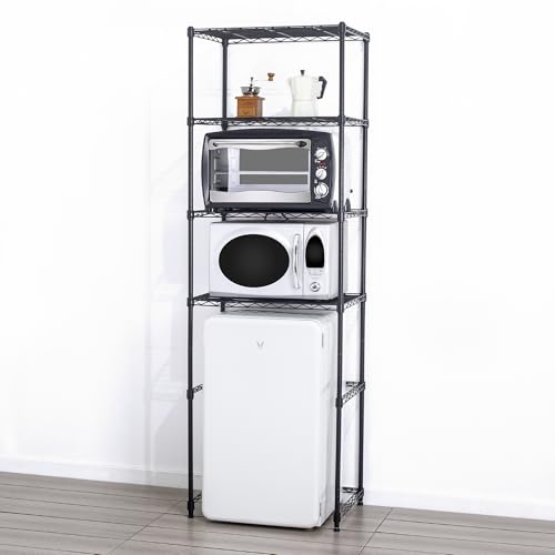 4 Tier Mini Fridge Shelf with Storage for Dorm, Black | Mini Fridge Storage Shelf, Microwave Stand, Adjustable Height Organizer, For Dorm, For Kitchen
