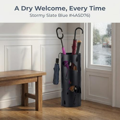 BEWBBAT Metal Umbrella Stand Rack for Entryway, Black Round Free Standing Umbrella Holder Organizer Bin with 3 Hooks for Walk Stick, Home Office Indoor, 17 x 7 Inch
