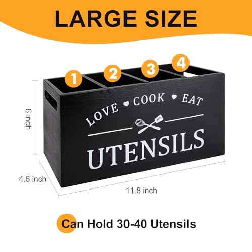 Black Extra Large Wood Cooking Utensil Holder Kitchen Spatula Spoon Holder | Wooden Utensils Caddy for Kitchen Countertop Organizer Rustic Decor Kitchen Counter Tool Holder Farmhouse Utensil Crock
