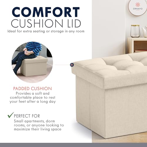 Ornavo Home Small Rectangle Storage Ottoman, Linen, 12x16x12, Beige | Collapsible Cube Design; Foot Rest Stool Seat; Ideal for Living Room, Bedroom, Home Office or Dorm