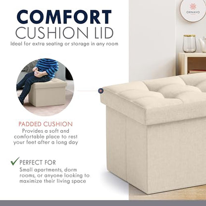 Ornavo Home Small Rectangle Storage Ottoman, Linen, 12x16x12, Beige | Collapsible Cube Design; Foot Rest Stool Seat; Ideal for Living Room, Bedroom, Home Office or Dorm