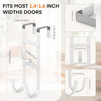 FYY Over the Door Hooks, Triple-Hanger 2 Pack, Fits Doors 1.6" White | Heavy Duty Metal, Hold 100lbs, Rubber-Coated, No-Drilling, for Bathroom Dorm, Hanging Towels Clothes Bags Ironing Board Robe