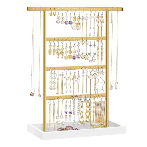 SONGMICS Jewelry Organizer, 4-Tier Earring Holder Organizer Stand with Base Tray, for Studs and Necklaces, Vintage, White and Gold Color UJJS019A01 | For Studs and Necklaces, Vintage, White and Gold Color, CAELEY Collection UJJS019A01
