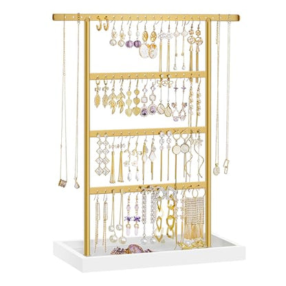 SONGMICS Jewelry Organizer, 4-Tier Earring Holder Organizer Stand with Base Tray, for Studs and Necklaces, Vintage, White and Gold Color UJJS019A01 | For Studs and Necklaces, Vintage, White and Gold Color, CAELEY Collection UJJS019A01