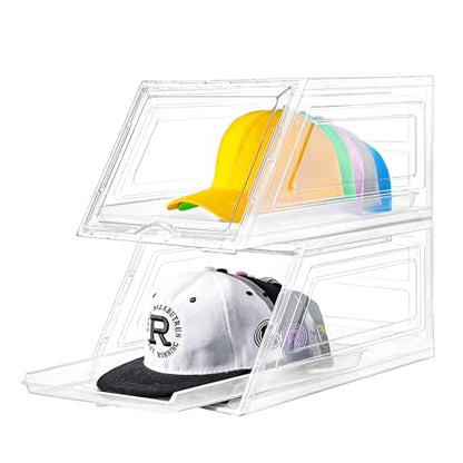 Stackable Clear Hat Organizer for Baseball Caps with Sliding Drawer | 2 Pack, Each Holds 12 Caps, Hat Storage Box for Closet, Transparent Hat Holder Display Case, Space-saving, Plastic