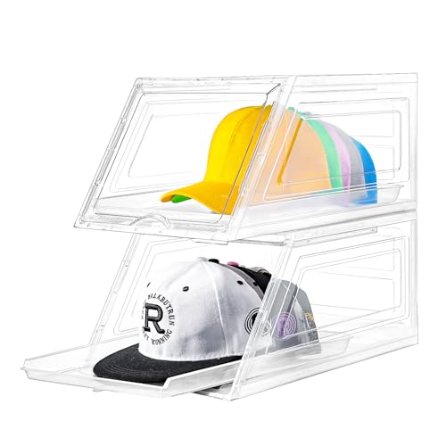 Stackable Clear Hat Organizer for Baseball Caps with Sliding Drawer | 2 Pack, Each Holds 12 Caps, Hat Storage Box for Closet, Transparent Hat Holder Display Case, Space-saving, Plastic