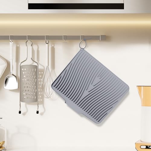 Silicone Dish Drying Mat for Kitchen counter, 15.8"x13" Extra Large Non-Slip Drain Pad with Built-in Drainage, Heat Resistant Dishwasher Safe, Drainage Spout & Hanging Hook, Grey