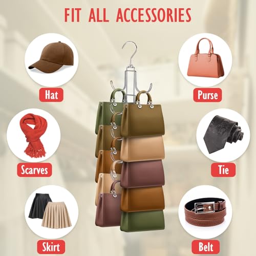 2 Pack Purse Organizer for Closet: Upgraded Purse Hanger with Large Hooks | 360 Degree Rotation for Organizer Display - Collapsible Space Saving Hangers Rack for Handbag Belt Scarve Tie - Silver