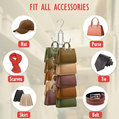 2 Pack Purse Organizer for Closet: Upgraded Purse Hanger with Large Hooks | 360 Degree Rotation for Organizer Display - Collapsible Space Saving Hangers Rack for Handbag Belt Scarve Tie - Silver